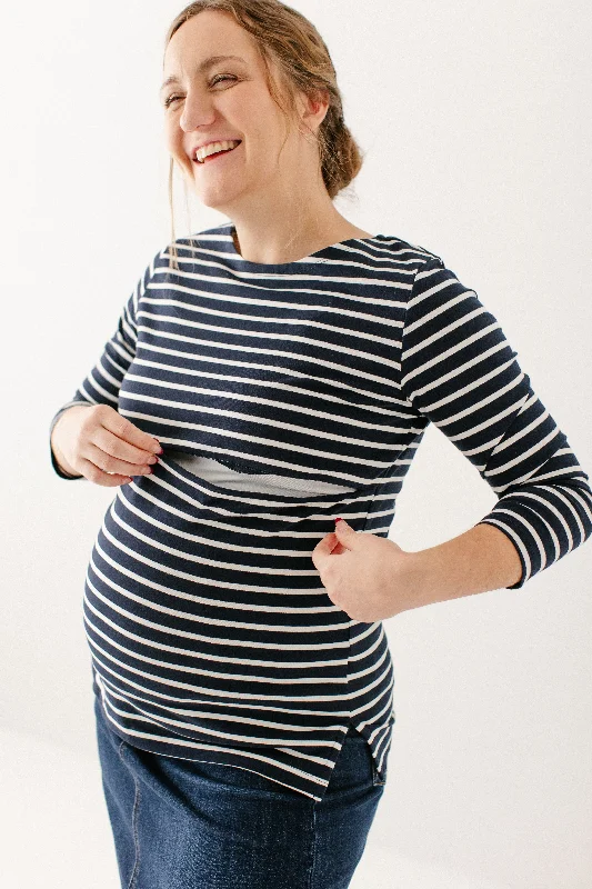 'Denise' Hidden Zipper Stripe Nursing Top in Navy