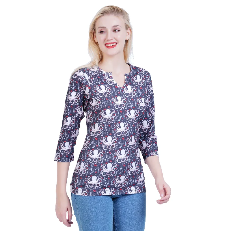 Floral Octopus Split Neck Tunic Top [FINAL SALE]