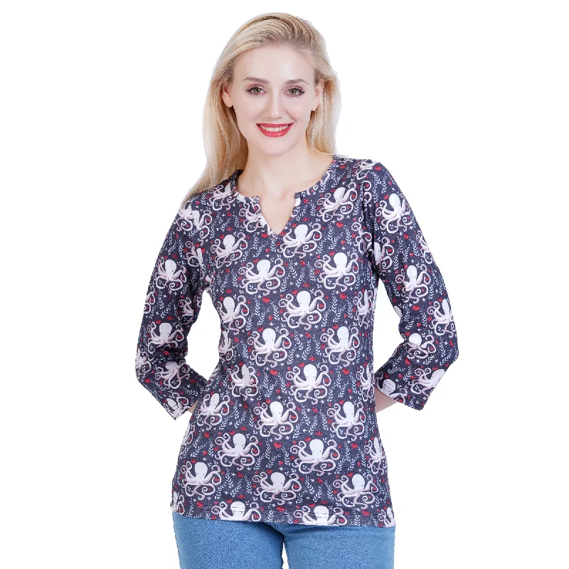 Floral Octopus Split Neck Tunic Top [FINAL SALE]