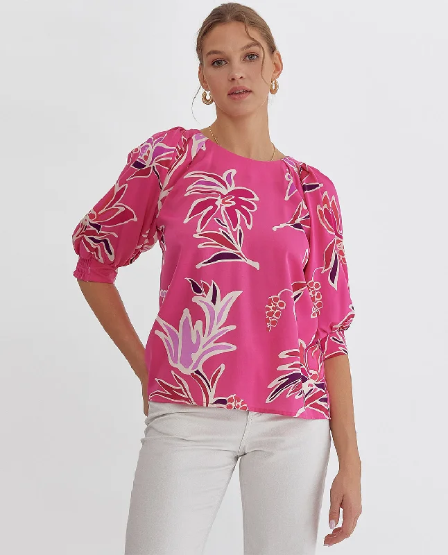 Floral Print Round Neck 3/4 Sleeve Top