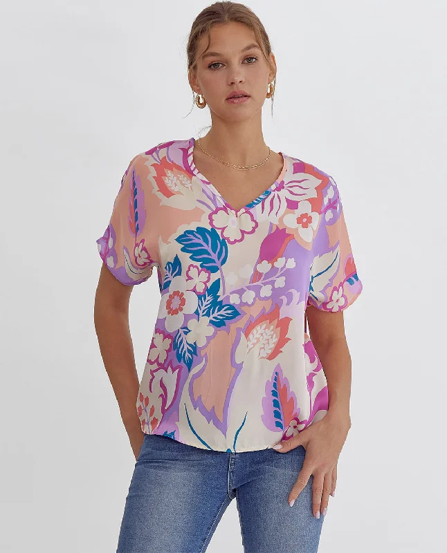 Floral Satin V-Neck Short Sleeve Top