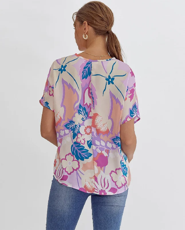 Floral Satin V-Neck Short Sleeve Top