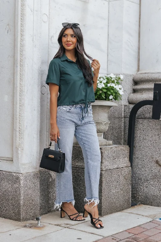 Forest Green Short Sleeve Button Down Top