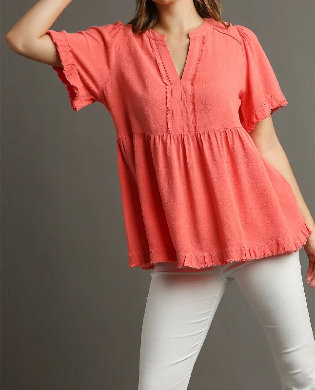 Linen V-Neck Pleated Top