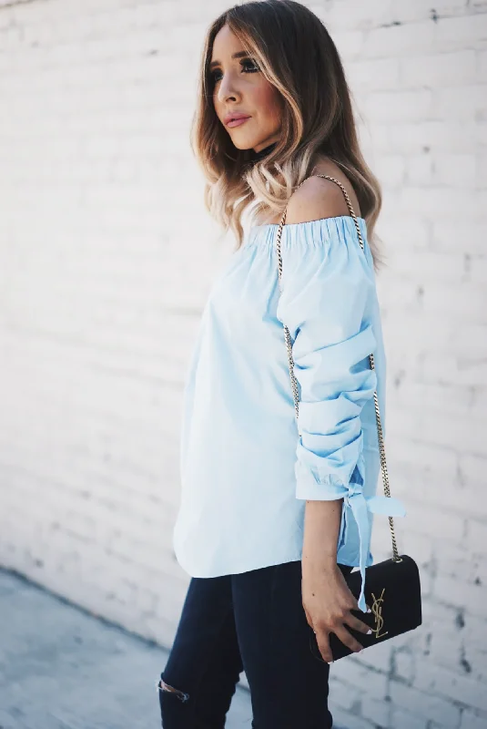 Mia Bow-Tie Off-Shoulder Top - Blue