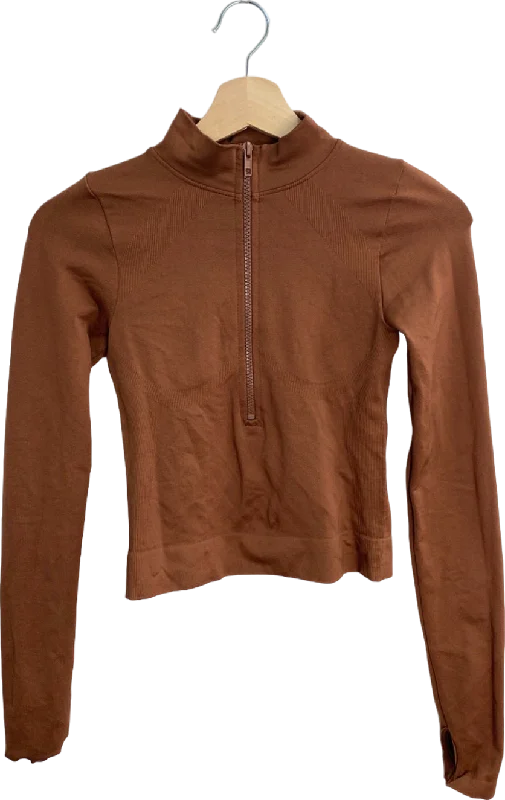 PrettyLittleThing Brown Half Zip Long Sleeve Top UK XS