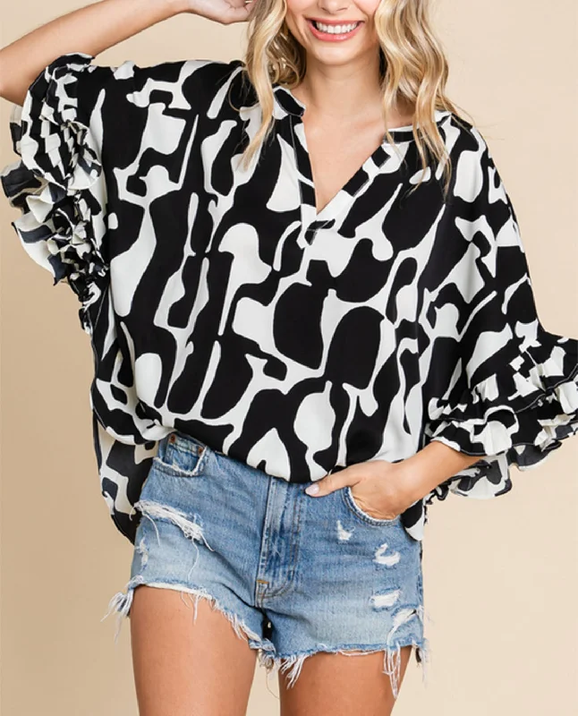 Printed V-Neck Ruffle Sleeve Top