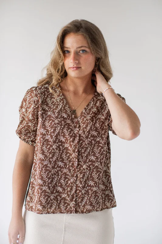 'Sabrina' Ditsy Floral Button Down top in Brown