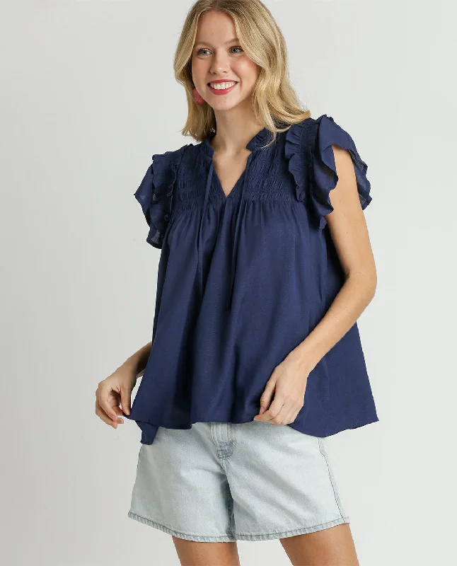 Smocked Split Ruffle Neck Boxy Cut Top