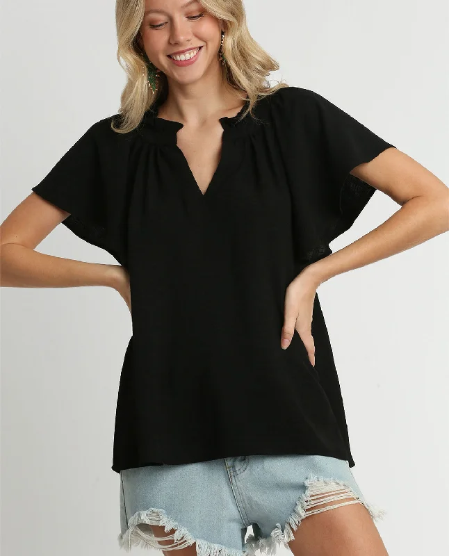 Solid Texture Split Neck Top