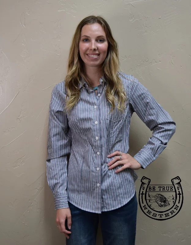 The Teal And White Striped Womens Cinch Button Down