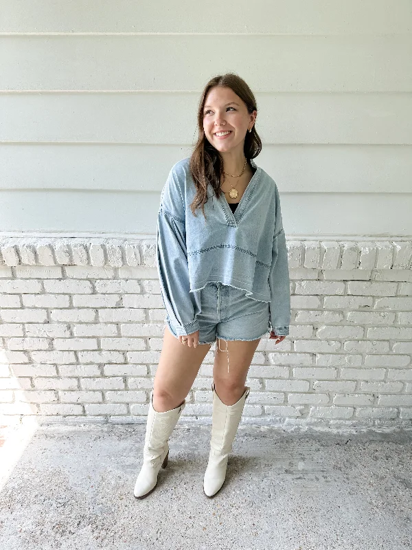 Mandarin Collar Denim Top