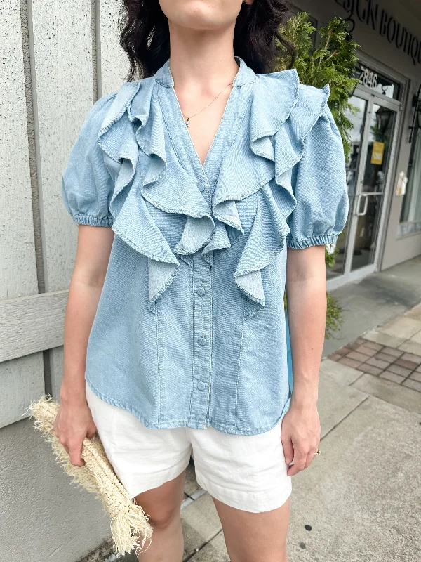 Ruffle Trim Denim Top