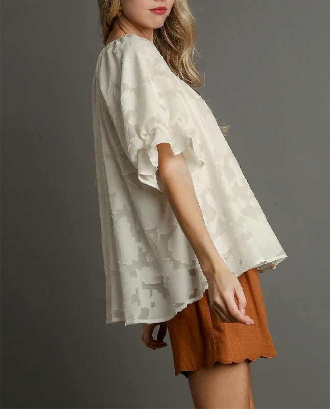 Jacquard Lace Bubble Sleeve Top