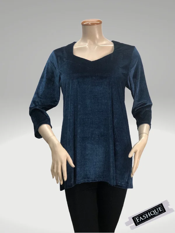 FASHQUE - BOYFRIEND NECKLINE 3/4 SLEEVE VELVET BASIC TOP - T615