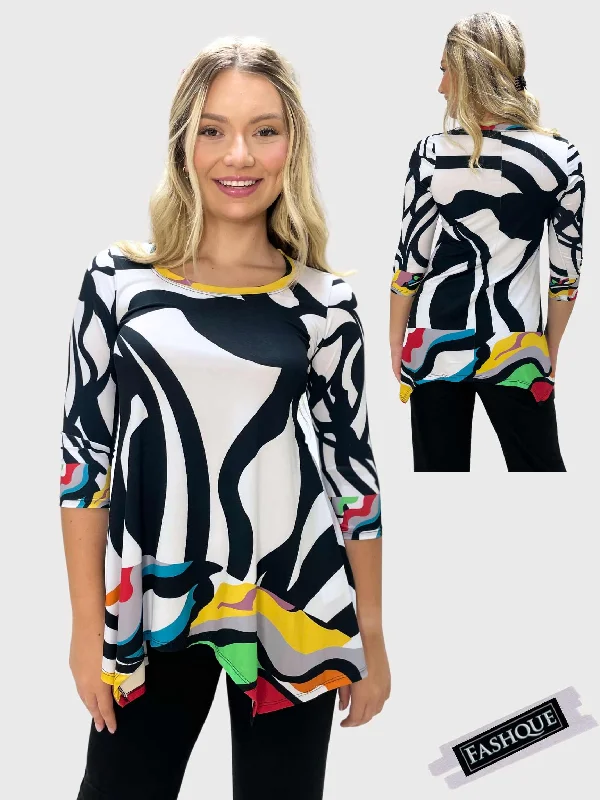 FASHQUE - Digital Print Scoop Neck 3/4 Sleeve Asymmetrical Tunic Top - T1100