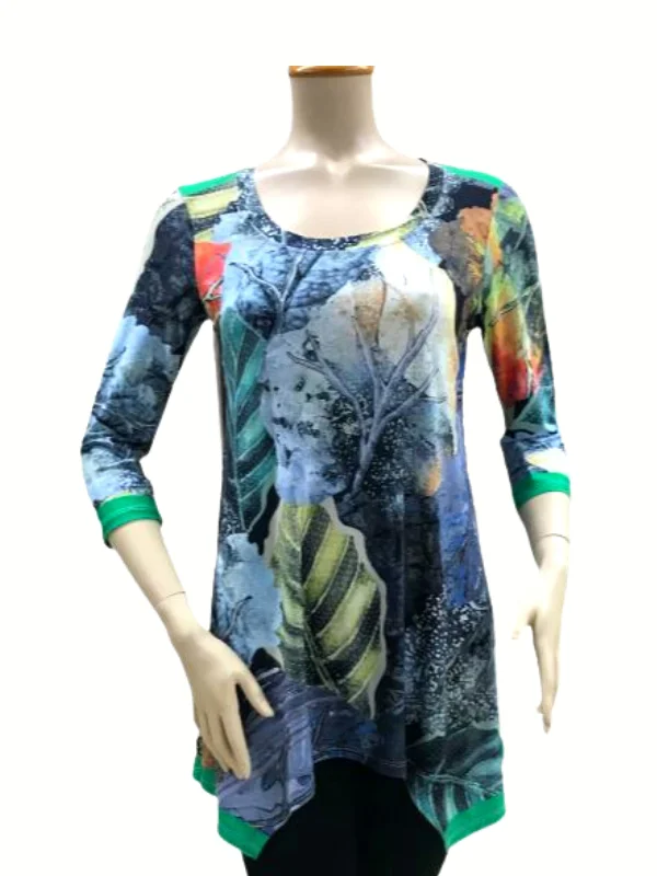 FASHQUE - Digital Print Scoop Neck 3/4 Sleeve Asymmetrical Tunic Top - T1100