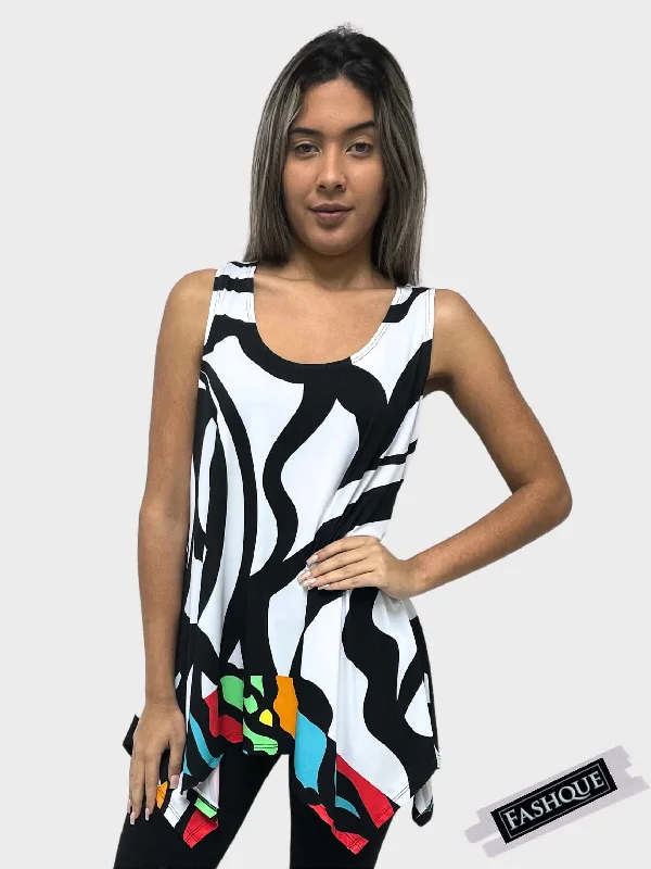 FASHQUE - DIGITAL PRINT SCOOP NECK SLEEVELESS SHARKBITE TUNIC - T1008