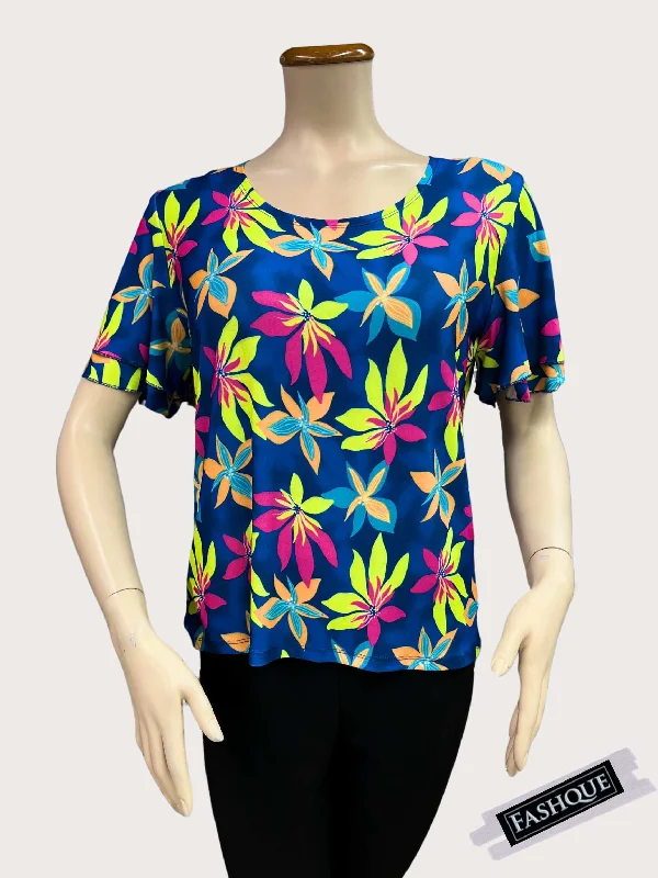 FASHQUE - Double Ruffle Bell Sleeves Scoop Neck DIGITAL PRINT Top - T2560