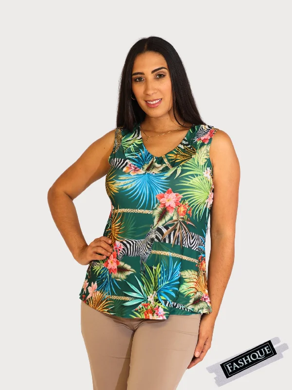 FASHQUE - Chic Sleeveless V-Neck Digital Top with Ruffle Neckline - T2036