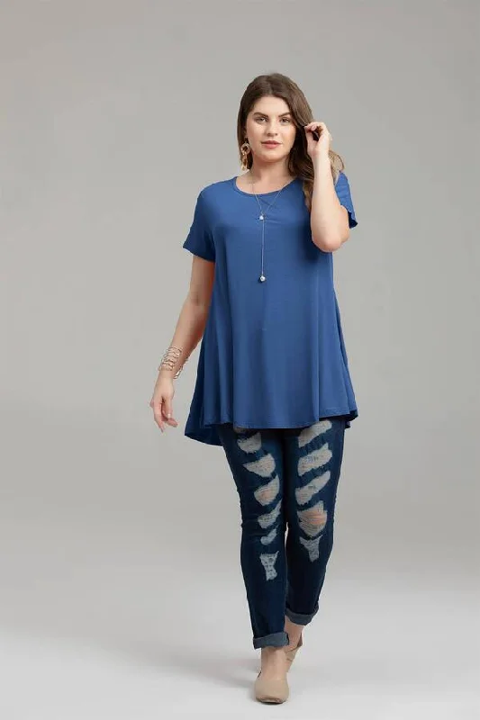 Crew Neck Short Sleeves Flare Tunic Blouse - LARACE 8031