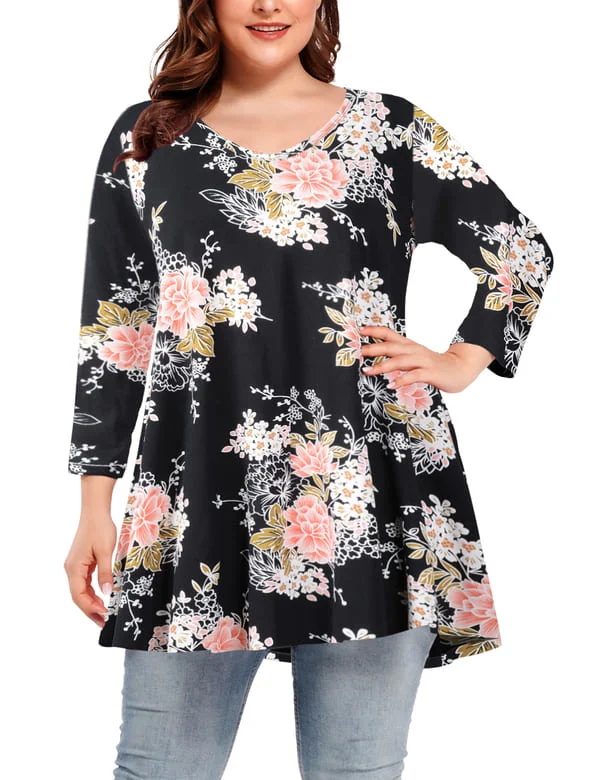 V Neck Loose Fit Flowy Long Sleeve Tunics Tops Plus Size for Women - LARACE 8056