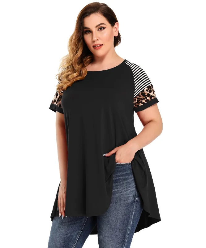 LARACE Leopard Print Tunics Color Block Long Tee Shirt-8064