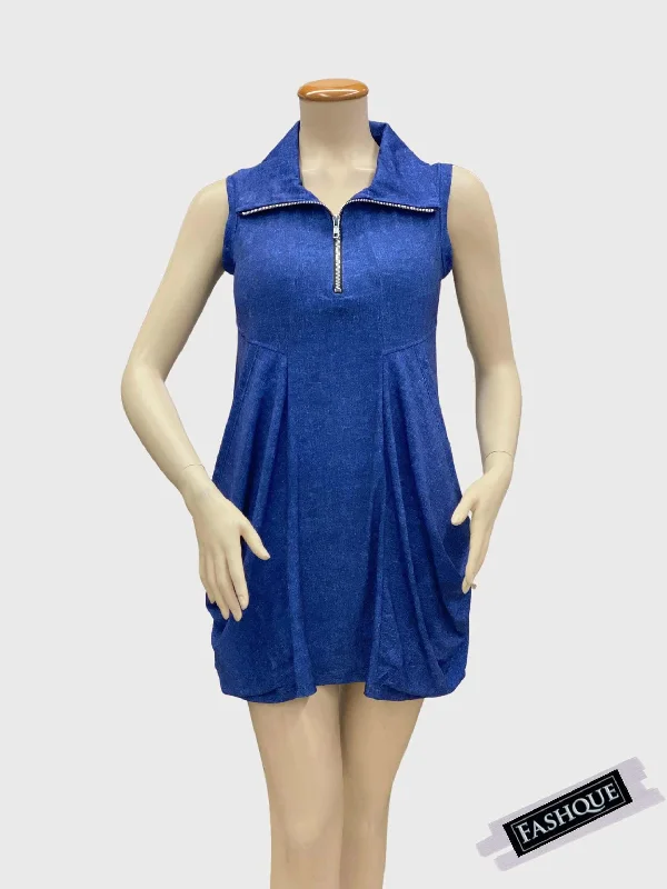 FASHQUE - Sleeveless Tunic Kangaroo Pocket Zipper front DRESS/TUNIC with Collar - T626