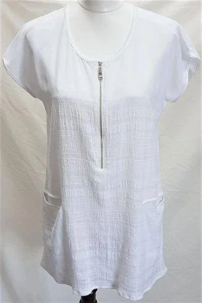 White Summer Tops Tunic Cotton Front Zipper Design Sleeves Top With Pockets